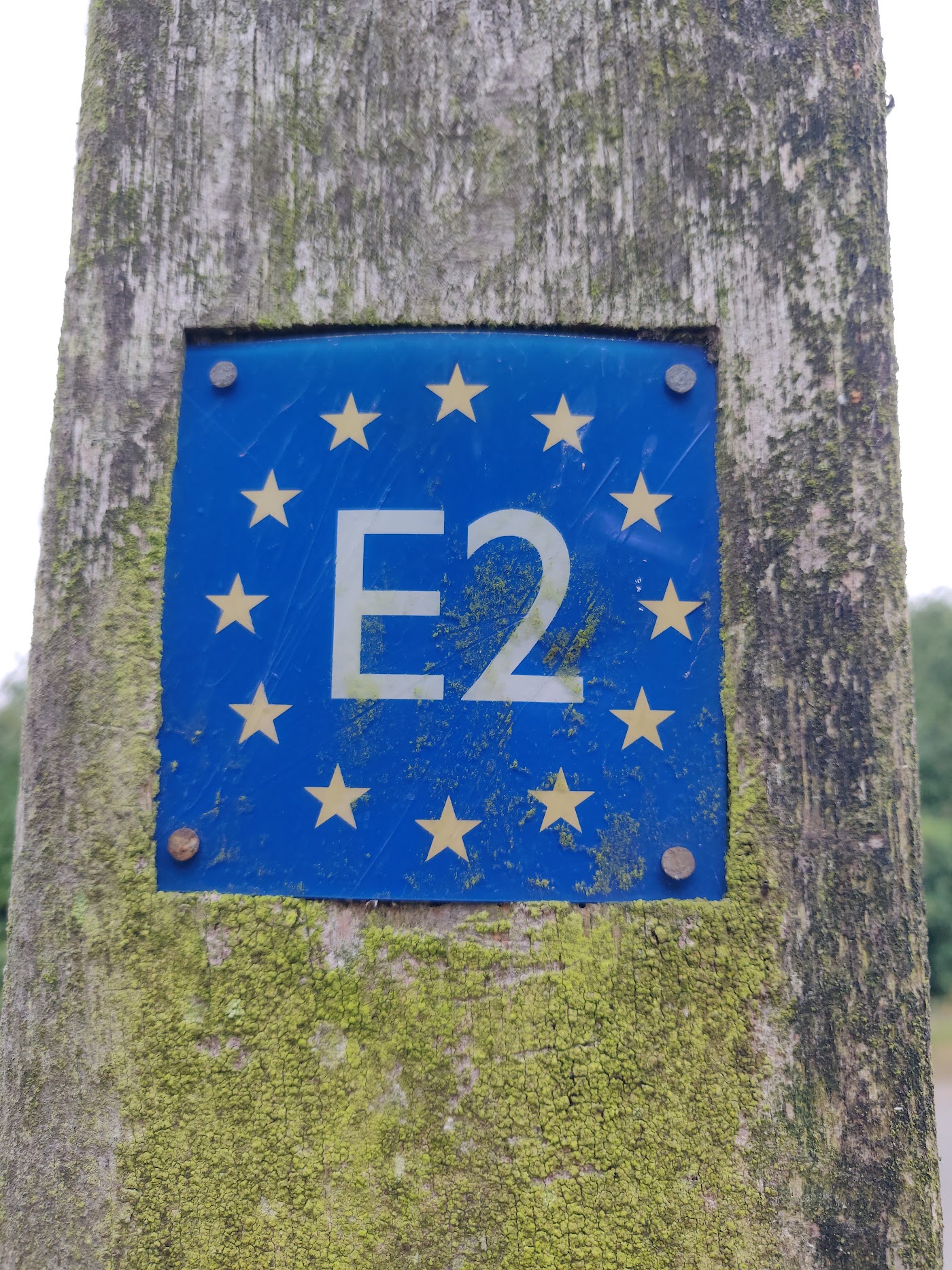 An E2 European path waymark on the North Downs Way